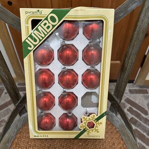 VTG Box of 13 Pyramid Jumbo‎ Glass Christmas Ornaments 2" Round Red